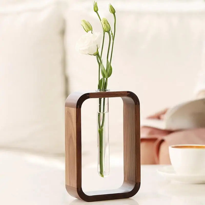 Wooden Hydroponic Vases Transparent Glass Test Tube Flower Vase Pot Wooden Frame Glass Vase Tabletop Plants Home Office Decor